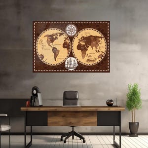 May include: A large, framed world map with a vintage aesthetic. The map features two circular projections of the world, with continents in shades of brown and tan. A compass rose and a sailing ship are included in the design. The frame is dark brown.