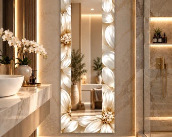 Floral Narrow Wall Mirror: Ivory Pearl Flowers, Gold Details, Elegant Rectangular Luxury Bathroom Decor,UV Printed Design Mirror
