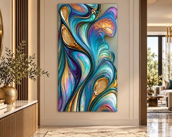 Abstract Fluid Glass Wall Art, Turquoise Purple Gold Swirls, Colorful Marble Design, Modern Luxury Decor,UV Printed Design