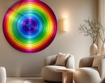 May include: A large circular wall art piece featuring a vibrant, multi-colored rainbow spectrum arranged in concentric rings. The design transitions from a deep purple center through blue, green, yellow, and orange to a bright red outer edge.