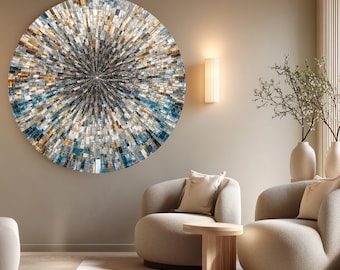 Blue Gold Mosaic Glass Wall Art: Round Radial Burst, Modern Geometric Decor Panel, UV Printed Design