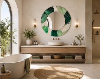 Emerald Green Round Glass Mirror: Abstract Brushstroke Design, Cream Sage Artistic Modern Luxury Wall Decor,UV Printed Design Mirror