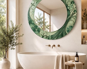 Green Botanical Round Glass Mirror: Sage Emerald Floral Vine Pattern, Nature Inspired Luxury Bathroom Wall Decor,UV Printed Design Mirror