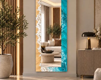 Ocean Narrow Wall Mirror: Turquoise Beach Waves, Sandy Coastal Design, Modern Rectangular Luxury Decor,UV Printed Design Mirror