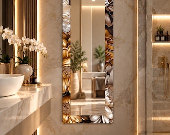 Floral Gold Narrow Wall Mirror: White Bronze Flowers, Elegant Rectangular Luxury Bathroom Decorative Design,UV Printed Design Mirror