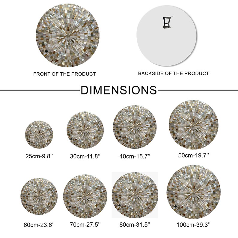 May include: Circular mosaic wall art with a shimmering, neutral color palette. The front and back of the product are shown, along with dimensions ranging from 9.8 inches to 39.3 inches in diameter. The mosaic design features a radial pattern.