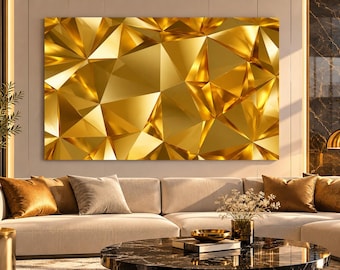Gold Geometric Glass Wall Art: Luxury 3D Triangle Pattern, Abstract Metallic Design, Modern Rectangular Decor,UV Printed Design