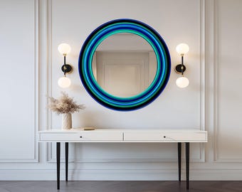 Neon Blue Green Round Glass Mirror: Electric Circular Rings, Black Mirror Design, Modern Luxury Wall Decor,UV Printed Design Mirror