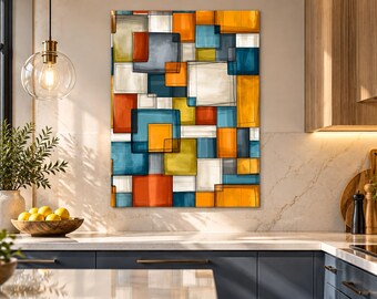 Abstract Geometric Glass Wall Art, Blue Orange Gold Rectangles, Modern Colorful Luxury Decorative Panel,UV Printed Design