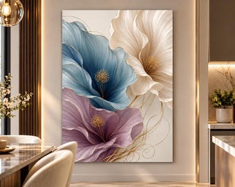 Floral Glass Wall Art, Blue Mauve Ivory Flowers, Gold Botanical Design, Luxury Rectangular Decor,UV Printed Design