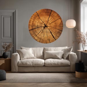 Wood Log Slice Wall Art: Rustic Tree Rings Glass Decor Statement, UV Printed Design image 3