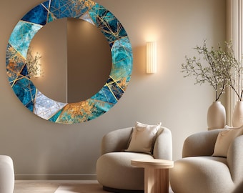 Turquoise Gold Round Glass Mirror: Geometric Abstract Lines, Blue Marble Pattern, Luxury Modern Wall Decor,UV Printed Design Mirror
