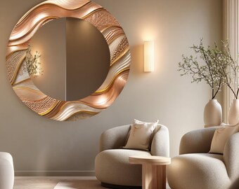 Rose Gold Waves Round Glass Mirror: Elegant Champagne Metallic Design, Luxury Modern Decorative Wall Art,UV Printed Design Mirror