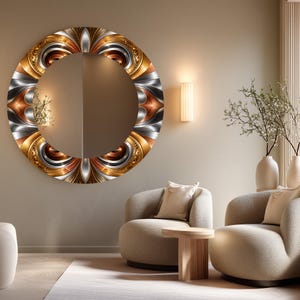 May include: A circular wall mirror featuring a wide, decorative frame with a repeating fractal-like pattern in metallic shades of bronze, copper, silver, and black. The reflective surface is smooth and clear, displaying a symmetrical design.