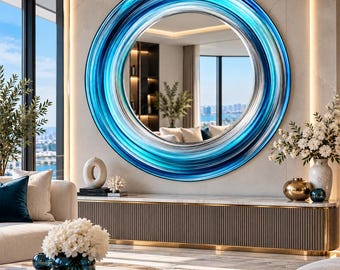 Ocean Blue Round Glass Mirror: Turquoise Aqua Swirl Design, Silver White Circular Waves, Modern Luxury Wall Decor,UV Printed Design Mirror