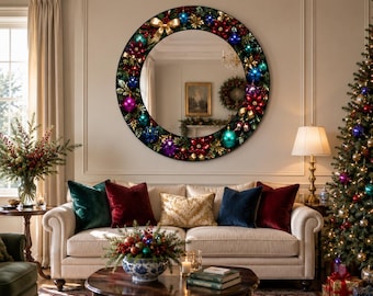 Christmas Floral Round Glass Mirror: Jewel Ornaments,Purple Poinsettia,Festive Botanical Luxury Holiday Wall Decor, UV Printed Design Mirror