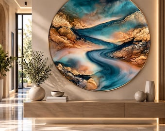 Abstract Blue Gold Marble Round Glass Wall Art: Turquoise Flowing Waves, Luxury Modern Decor,UV Printed Design