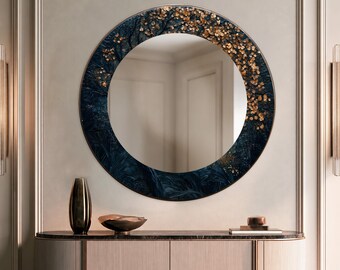 Navy Gold Round Glass Mirror: Botanical Leaf Pattern, Metallic Floral Texture, Modern Luxury Statement Decor,UV Printed Design Mirror