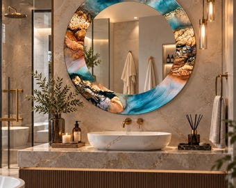 Teal Gold Round Glass Mirror: Abstract Agate Pattern, Ocean Blue Metallic Design, Luxury Wall Decor,UV Printed Design Mirror