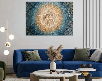 Abstract Mosaic Glass Wall Art, Teal Gold Sunburst Design, Geometric Luxury Modern Rectangular Decor,UV Printed Design