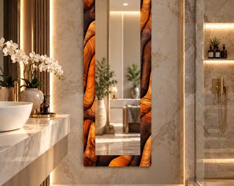 Abstract Wood Narrow Wall Mirror: Orange Brown Waves, Modern Rectangular Artistic Luxury Bathroom Decor,UV Printed Design Mirror