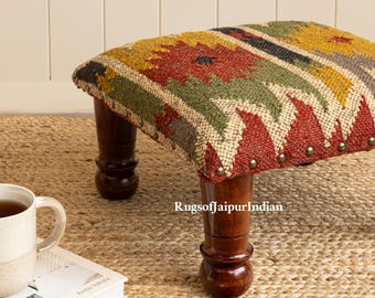 Handmade Kilim Pouf Stool, Bohemian Acacia Wood Footrest 14x14x6