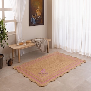 Handmade Scallop Natural Jute Rug, Wavy Edge Boho Area Rug, Rustic Farmhouse Floor Mat,  Eco Friendly Rectangular Jute Rug
