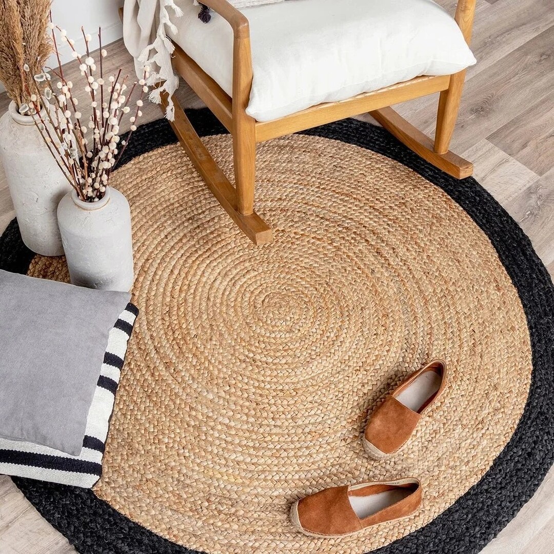 Round Rug Natural Jute Hand Braided Area Rug Beige With Black Border ...