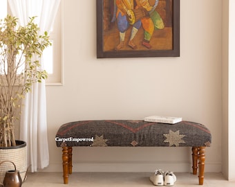 Kilim Pattern Bench, Coffee Bench, Ottoman Bench, Upholstered Bench, Turkish Rug Bench, Kilim Bench, Home Decors Bench, Handmade Bench