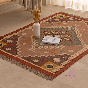 Handwoven Wool Jute Kilim Rug, Yellow And Red Border Rug, Home Decor And Living Room Rug, Hallway Modern Rug, Natural Braided Kilim Rug