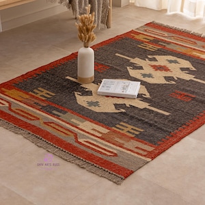 Handmade Jute Kilim Rug, Handwoven Wool Jute Kilim Rug, Home Decor Rug, Aztec Rug, Accent Area Rug, Traditional Jute Area Rug Boho Kilim Rug