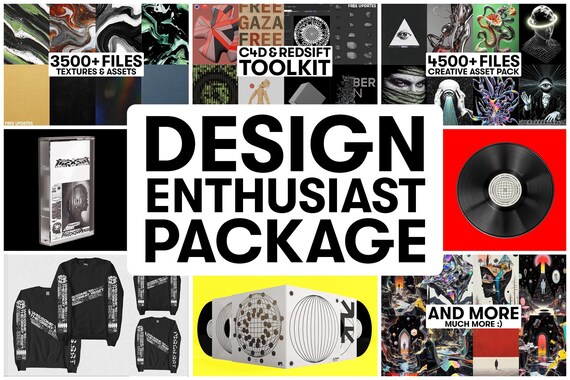 Designer Enthusiast Package - Everything I’ve ever released:  Mockups, Textures, Vectors, PSDs, 3D Assets, Fonts, C4D Materials