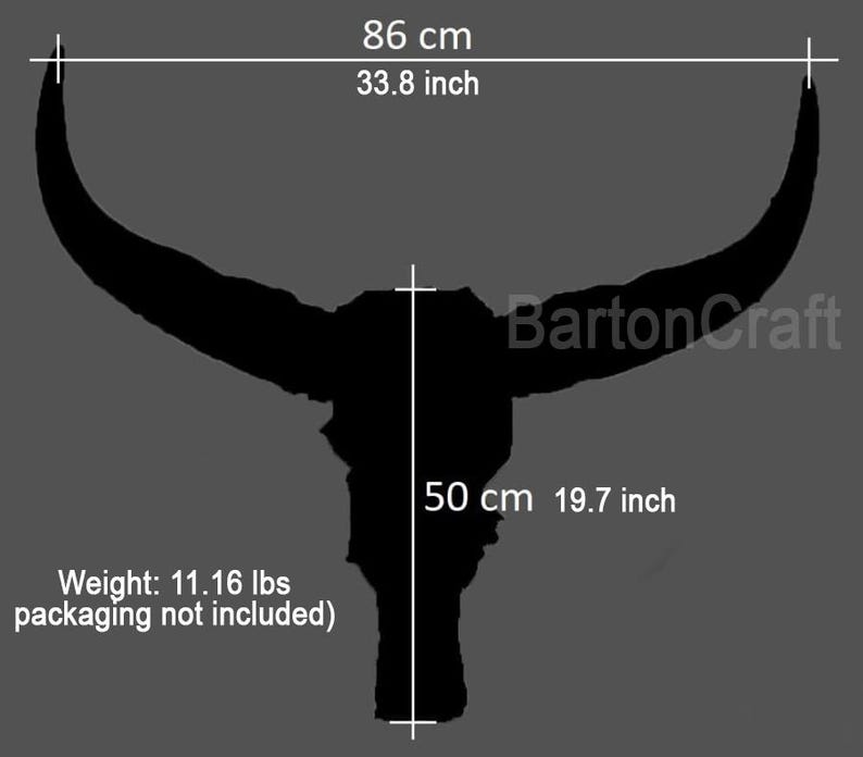May include: Black silhouette of a bull skull with horns, measuring 86 cm wide and 50 cm tall. The text "Barton Craft" is visible in the image. The skull weighs 11.16 lbs.