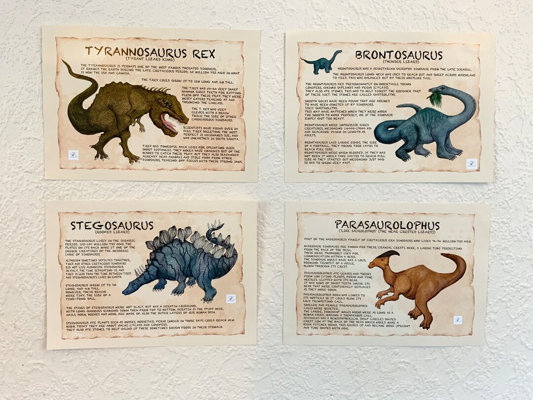 Set of Four Dinosaur Prints. Kids Poster. Fact Poster. A4. Home