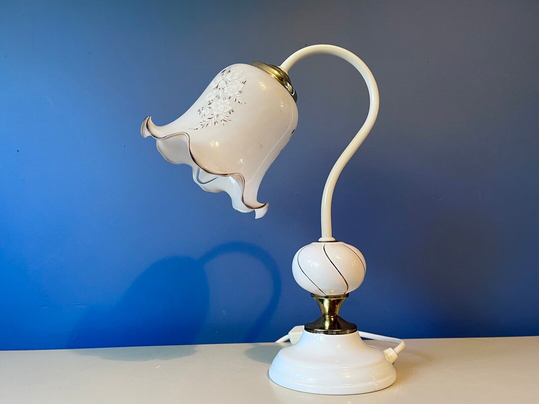 Vintage Swan Neck Table Lamp: White & Gold Floral Glass Shade - Etsy UK