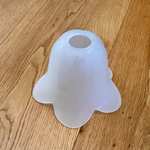 May include: A frosted glass lampshade with a distinctive, petal-shaped design. The shade is a soft white colour and has a rounded top with a circular opening. The shade is on a wooden surface.