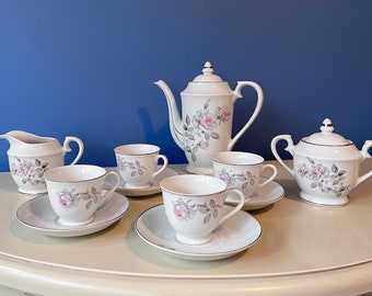 Cottagecore Pink Rose Tea Set Vintage Demitasse Coffee Service 11 Piece Grandmillennial bone china