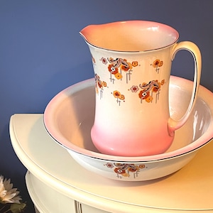 Vintage circa 1930s Art Deco Large Wash Jug Bowl Set English Ceramic Pitcher Basin