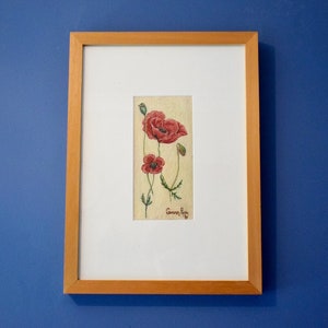 Vintage Framed Embroidered Common Poppy Picture: Wildflower Art