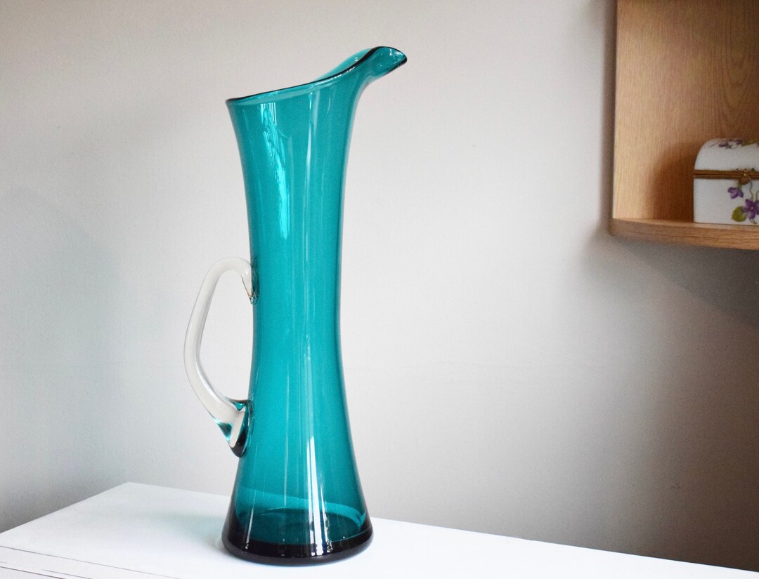 Teal Blue Vintage Blown Glass Art Jug. Immaculate Etsy