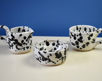 Hand Thrown Pottery Tea Set For One Black Splatterware Ceramic Trio