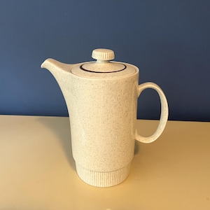 May include: A speckled, cream-coloured ceramic coffee pot with a lid and handle. The pot has a spout for pouring and a small knob on the lid. The base of the pot has a ribbed design. The background is a solid blue wall.