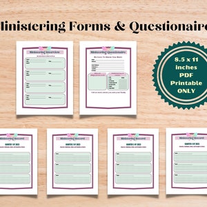 May include: Printable 8.5 x 11 inch PDF forms for ministering interviews, questionnaires, and records. The forms have a light green background with a purple border and a pink butterfly design.