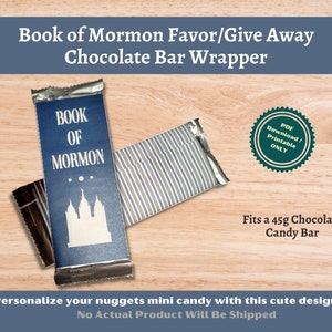 May include: Printable PDF template for a chocolate bar wrapper featuring a blue and white striped design and the text "Book of Mormon". The wrapper is designed to fit a 45g chocolate bar.