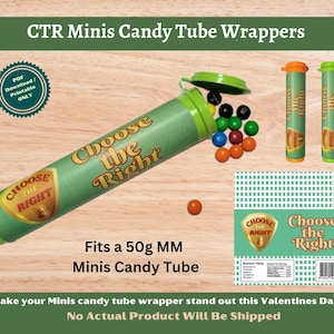 Puede incluir: Plantilla PDF imprimible para envolver tubos de caramelos de 50 g. El diseño presenta un fondo verde y amarillo con el texto "Choose the Right".