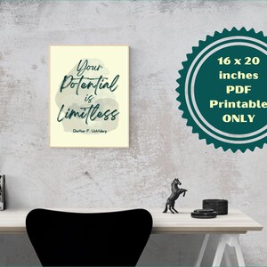 Könnte beinhalten: Ein druckbarer PDF-Poster im Format 40,6 x 50,8 cm mit einem motivierenden Zitat: "Your Potential is Limitless" von Dether F. Uchidary. Das Zitat ist in dunkelblauer Schrift auf einem hellgelben Hintergrund mit einem Aquarell-ähnlichen Design geschrieben.