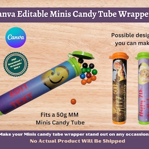 Könnte beinhalten: Druckbare PDF-Vorlagen für Süßigkeitentuben-Verpackungen. Das Bild zeigt drei Beispiele: eine lilafarbene Tube mit einem Smiley, eine orangefarbene Tube mit einem "Happy 50th"-Design und eine grüne Tube mit einem "Happy 7th Birthday"-Design. Die Tuben sind 50 g groß und passen für Minis-Süßigkeiten.