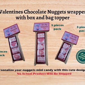 May include: Valentine's Day chocolate nugget wrappers with box and bag toppers. Designs include "Be My Valentine" and "I Love You" with teddy bears and lips. Available in 3, 4, and 5-piece packs. PDF download only.