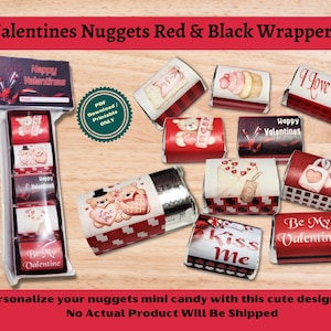 May include: Printable Valentine's Day wrappers for chocolate nuggets. The wrappers feature red and black checkered patterns, hearts, and various Valentine's Day themed designs. The text on the wrappers includes "Happy Valentines", "I Love You", "Kiss Me", and "Be My Valentine".