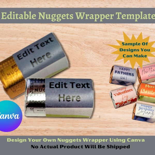 Editable Nuggets Chocolate Mini Candy Wrapper Template using Canva App for Birthday, Valentines, Christmas and other special occassion